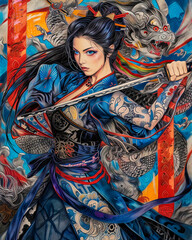 Enigmatic warrior woman with dragon illustration