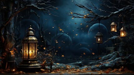 a room with lantern, christmas tree, and colorful lights, in the style of dark sky-blue and indigo, rusticcore, decorative backgrounds, captivating, capturing moments, lovely, colourful - obrazy, fototapety, plakaty