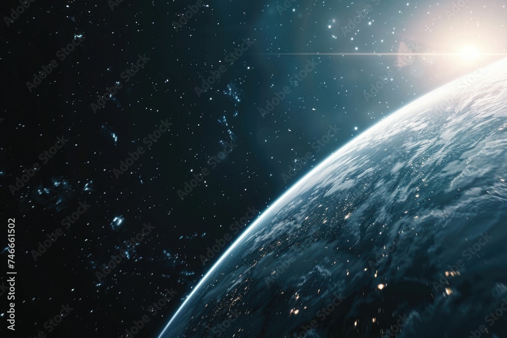 Poster a stunning view of the earth from space, with stars in the background. ideal for science and technol
