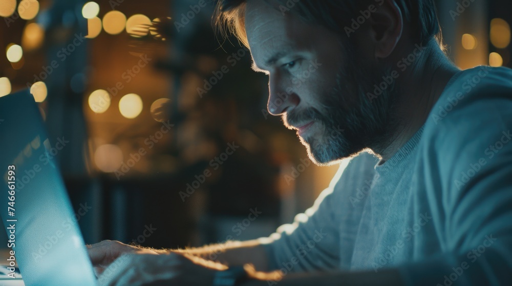 Poster a man working on a laptop late at night. suitable for technology concepts