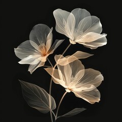 Three delicate, transparent flowers with glowing edges set against a dark, moody backdrop.