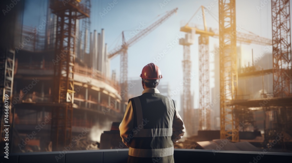 Poster A construction worker standing in front of a construction site. Suitable for construction industry concepts
