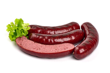 Smoked sausages for grill, isolated on white background. High resolution image