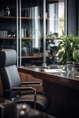 Fototapeta premium A black leather chair in front of a wooden desk. Suitable for office and interior design concepts