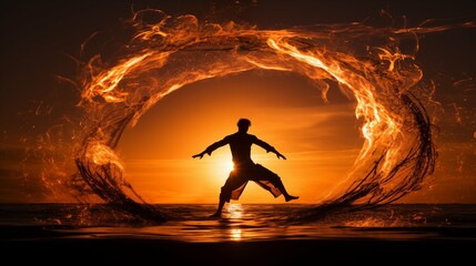 Silhouette of a dancer leaping through a ring of fire