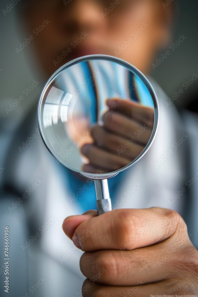 Poster a man in a lab coat examining with a magnifying glass. suitable for educational or scientific concep