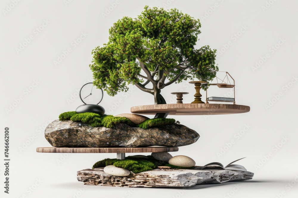 Poster a serene bonsai tree balanced on top of a pile of rocks. suitable for nature and zen concepts
