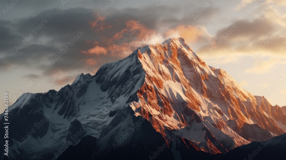 Poster a scenic view of a snow-covered mountain with a cloudy sky in the background. suitable for nature an