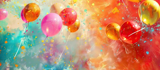 A colorful and whimsical display of balloons floating in the air against a vibrant background, creating a cheerful and lively scene. - obrazy, fototapety, plakaty