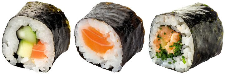 Maki sushi roll bundle, raw fish and vegetable filling, rice and rolled by seaweed, isolated on a white background