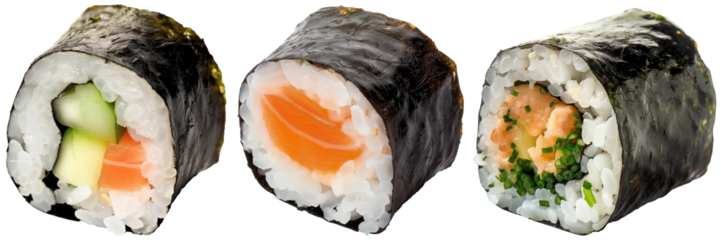 Maki sushi roll bundle, raw fish and vegetable filling, rice and rolled by seaweed, isolated on a white background