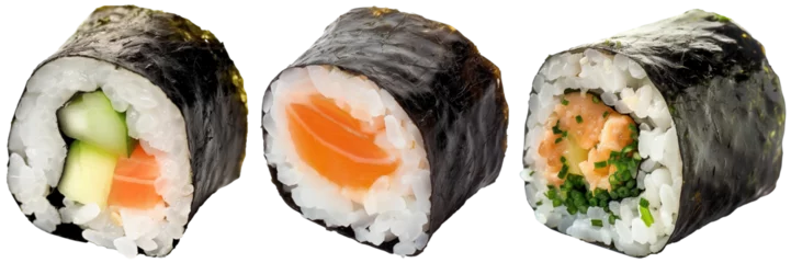 Poster Maki sushi roll bundle, raw fish and vegetable filling, rice and rolled by seaweed, isolated on a white background © Flowal93