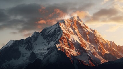 A scenic view of a snow-covered mountain with a cloudy sky in the background. Suitable for nature and landscape themes