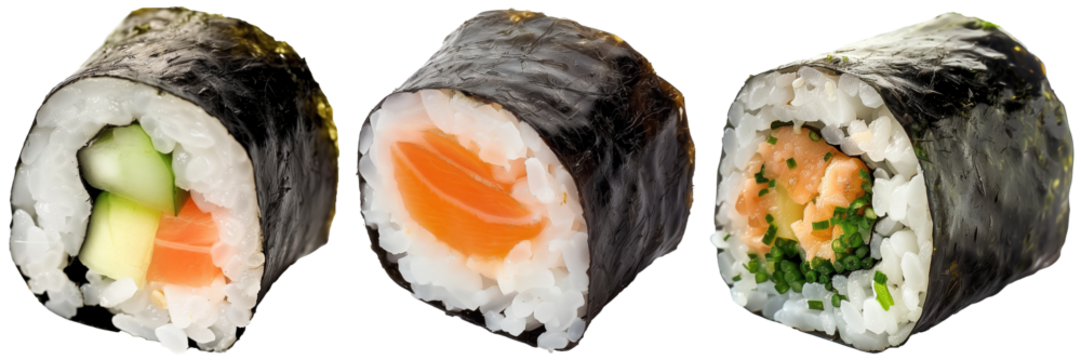 Maki sushi roll bundle, raw fish and vegetable filling, rice and rolled by seaweed, isolated on a white background