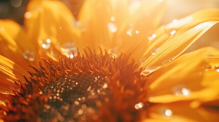 Close up of a sunflower with glistening water droplets, perfect for nature-themed designs - Powered by Adobe