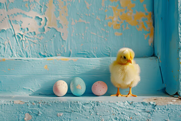 Yellow chicken and Easter egg decorating on blue wall background.