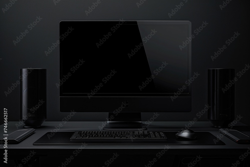 Poster a desktop computer on a desk, suitable for office or home workspace