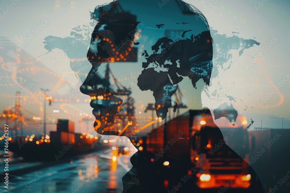 Poster A man with a world map projected on his face. Perfect for global concepts