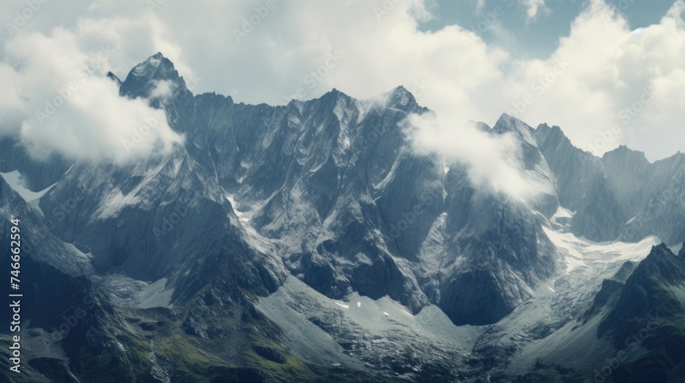 Poster A scenic view of a mountain range with clouds in the sky. Perfect for travel and nature concepts