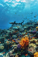 A large group of fish swimming over a colorful coral reef. Perfect for marine life and underwater exploration concepts