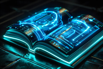 Open book with futuristic connection technology big data. Blue neon background.