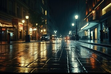 Rainy city street at night, perfect for urban backgrounds