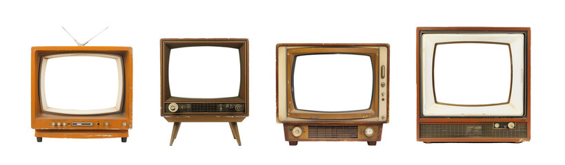 Collection of four retro TV sets, old vintage mid-century televison wooden box isolated on transparent background, png file - 746662592