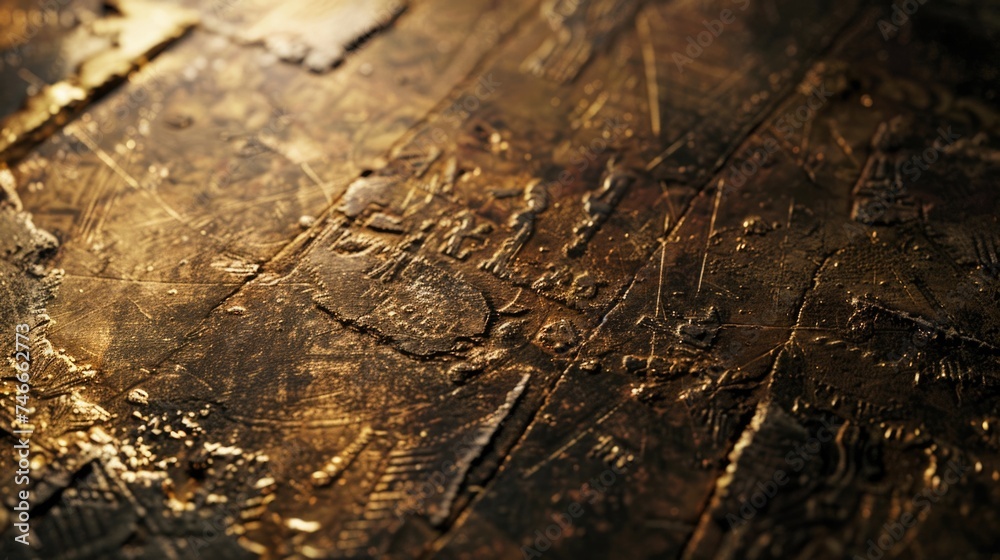 Poster close-up shot of a wooden table with elegant gold paint. ideal for background or texture use