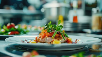 A plate of food on a table in a restaurant. Suitable for food industry promotions