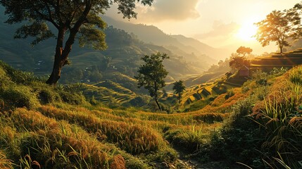 a scenic view of rice terraces in a field at sunset, landscape mastery, zigzags, photo-realistic techniques, cartelcore, villagecore - obrazy, fototapety, plakaty
