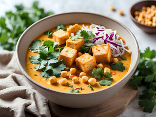 A bowl of coconut curry soup. Soup made from coconut cream, curry paste, and chicken. Garnished with fried tofu, chickpeas and cilantro.