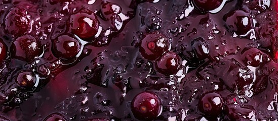A close up of water drops glistening on a vibrant red surface, reflecting light and creating a unique pattern. The drops appear spherical and perfectly formed, enhancing the texture of the surface.