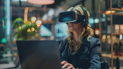 Businesswoman using virtual reality simulator at laptop in office