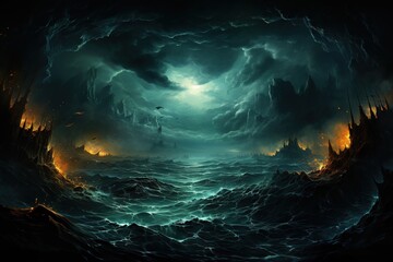 a sea of storm clouds in an blue nighttime sky, in the style of dark and brooding designer, decorative backgrounds, mysterious backdrops, dark gray and turquoise, luminous sfumato, luminous scenes, hi