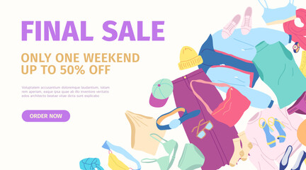 Cartoon Color Clothes Female Final Sale Banner Card Concept Flat Design Style. Vector illustration of Special Offer