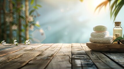 A wooden table adorned with spa products, creating a serene haven. Blurred background for a calming, wellness-themed stock photo