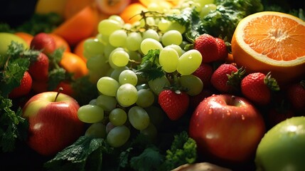 A variety of colorful fruits and vegetables up close. Perfect for healthy eating concepts