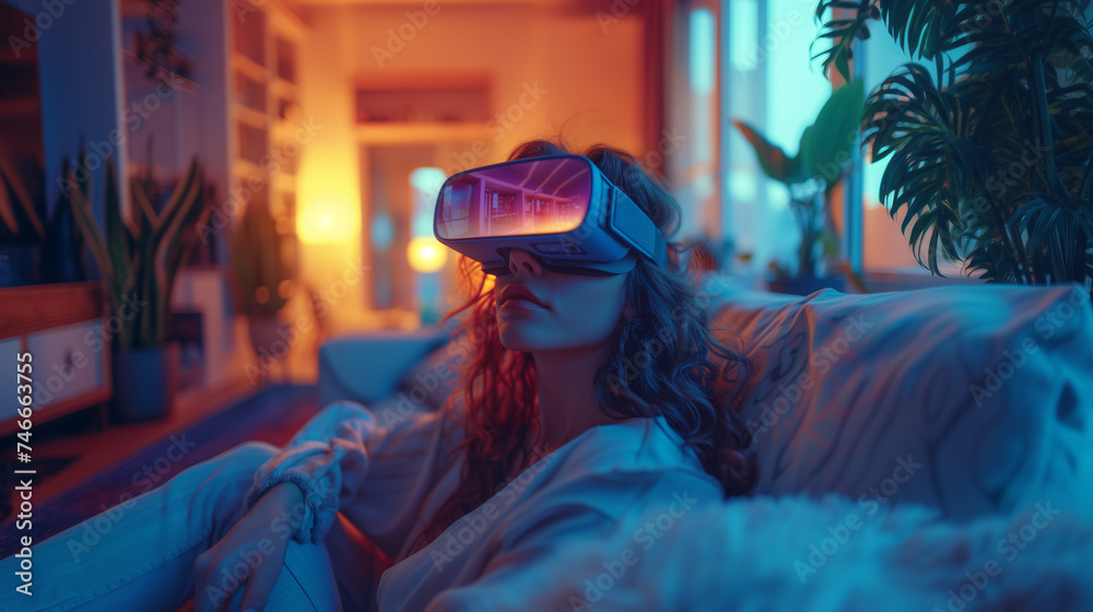 Wall mural Digital Retreat Woman Relaxing with VR at Home on Couch