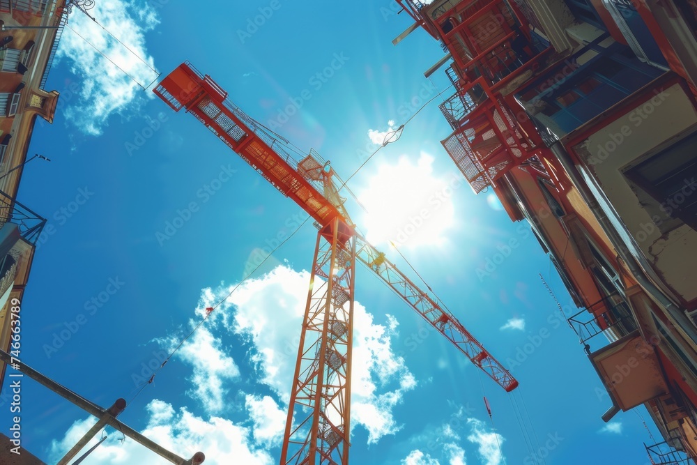 Poster a crane standing in front of a building under construction. ideal for construction industry concepts