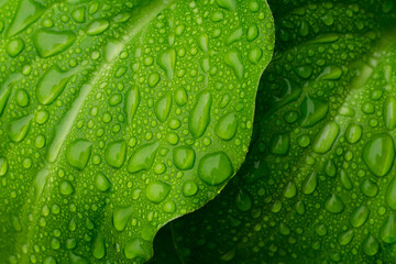 Water drops on green leaf. Texture of the leaf with veins and raindrops. Ecology. Many drops of...