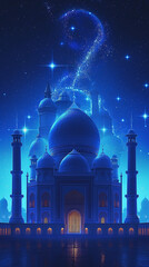 a mosque is illuminated with stars at night sky with blue glow background