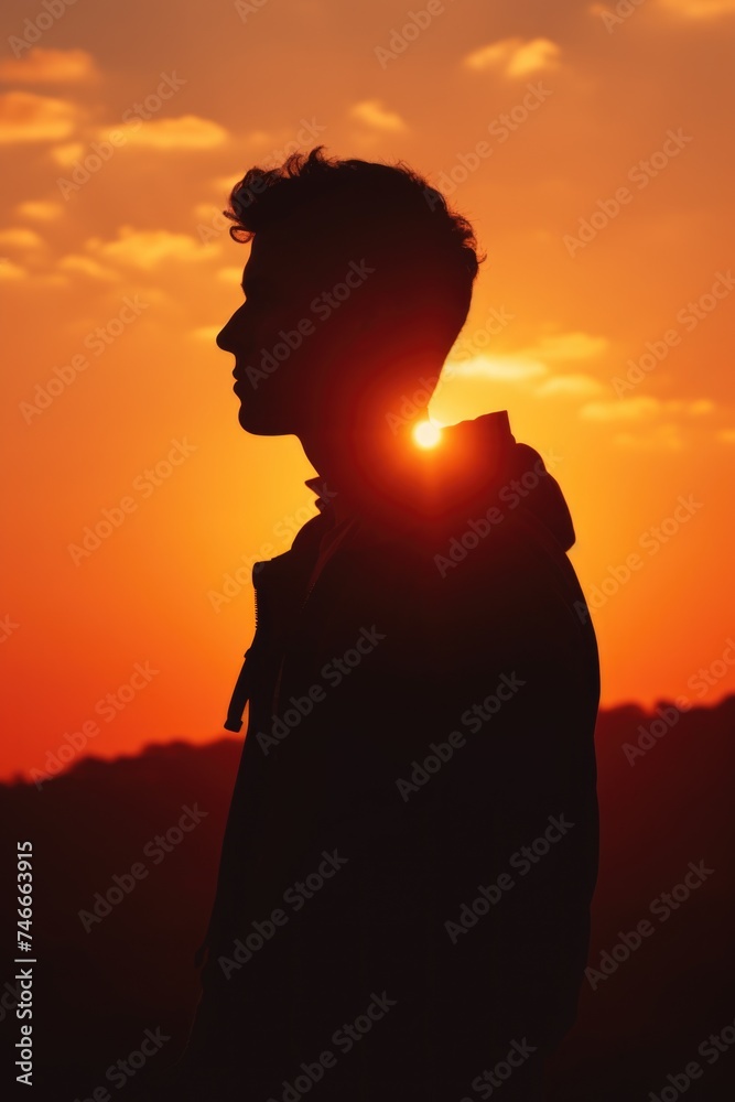 Poster a striking silhouette of a person with a beautiful sunset in the background. ideal for various desig