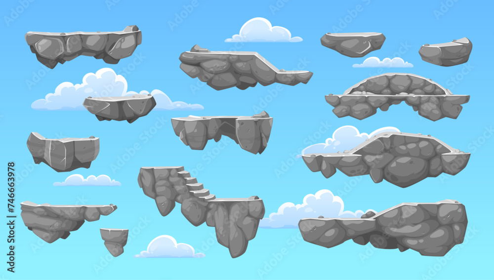 Poster cartoon rock stone game platforms on vector background of blue sky and clouds. arcade, 2d video and 