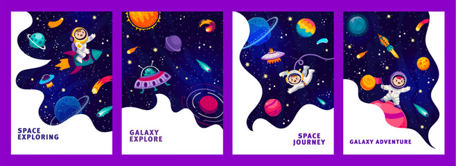 Space posters with kid astronauts and starry galaxy, alien UFO and planets, vector backgrounds. Cartoon kid spaceman on space adventure and galaxy exploration with spaceship shuttle between sky stars