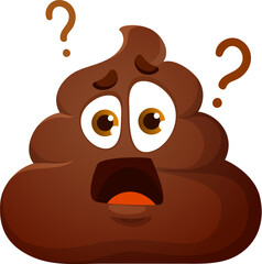 Cartoon poop emoji wondering with question signs, funny poo excrement, vector character. Toilet shit emoticon or smile with surprised, bewildered and scared face expression for comic poop emoji - obrazy, fototapety, plakaty