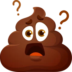 Foto op Plexiglas Cartoon poop emoji wondering with question signs, funny poo excrement, vector character. Toilet shit emoticon or smile with surprised, bewildered and scared face expression for comic poop emoji © Vector Tradition