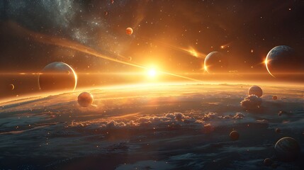 Epic Fantasy Scene of Sun and Planets in Golden Light