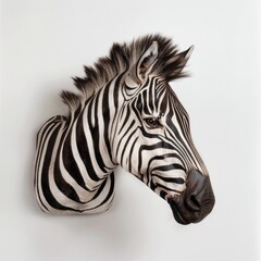 Fototapeta na wymiar Detailed Zebra Portrait on White Zebra head with striking stripes, detailed close-up, neutral white background 