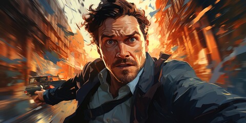 Detective, Cycling, Hobby of interesting careers, Wide angle, 10 mm lens, digital art style, illustration painting