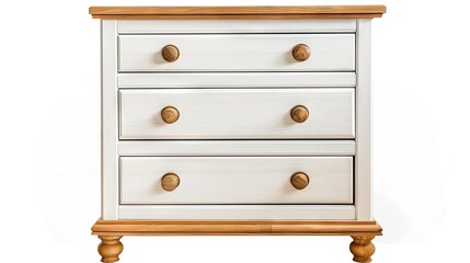 A front view of a wooden white chest of drawers, isolated on white – a versatile storage solution.